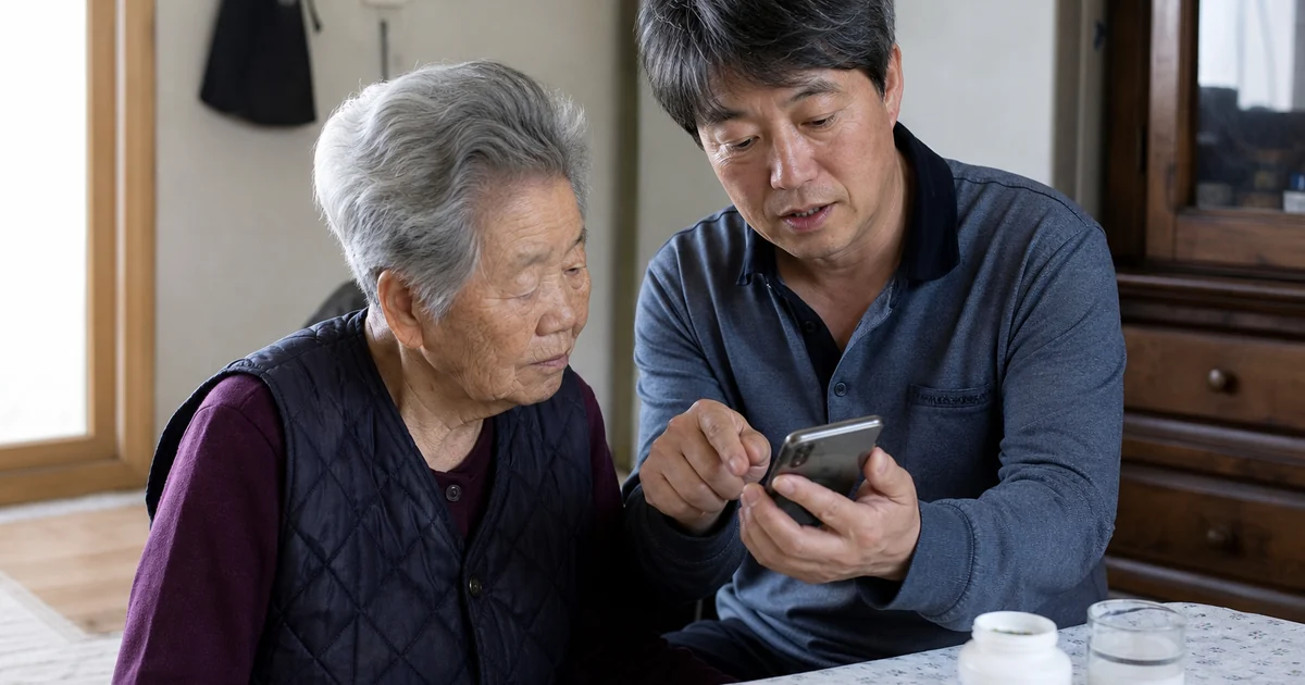 ‘계약 조회와 이용계획 확인’ 처리 결과를 서류와 대조하는 50대 이용자