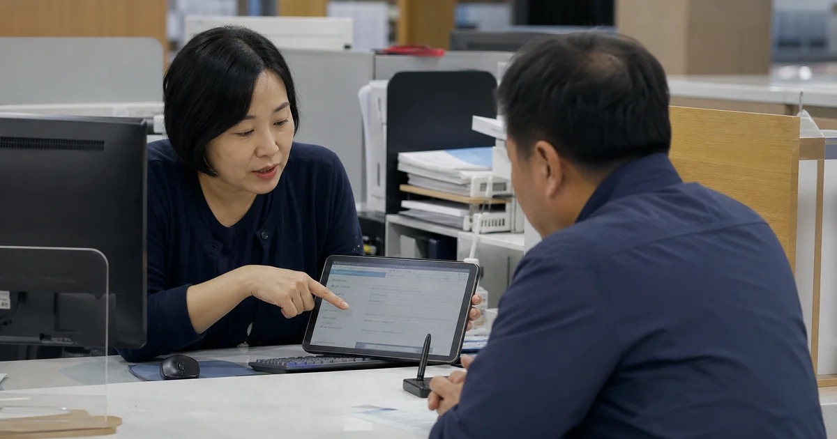 공공 서류 현장에서 담당자와 함께 전자본인서명확인서 발급 승인 해지와 이용기관 제출 전 확인 절차를 확인하는 중년 이용자