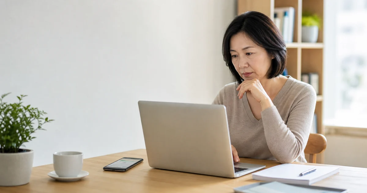 노트북과 휴대전화로 주민등록 통보서비스를 신청하는 중년 여성