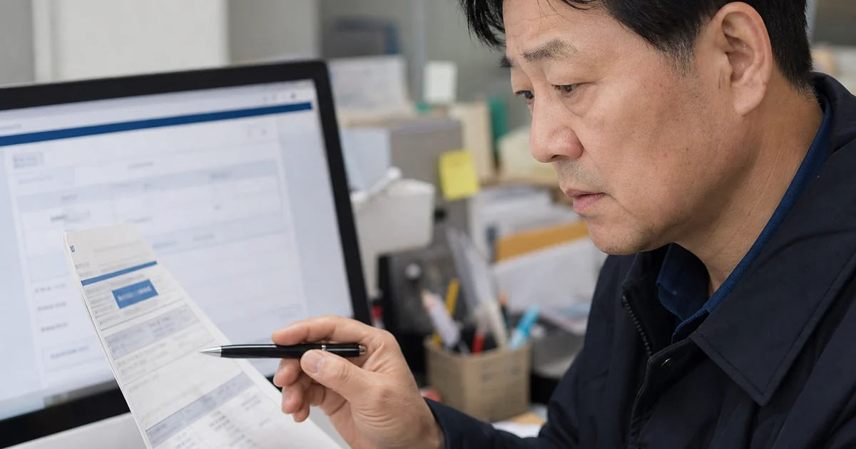 ‘초본 발급과 표시항목 선택’ 처리 결과를 서류와 대조하는 50대 이용자